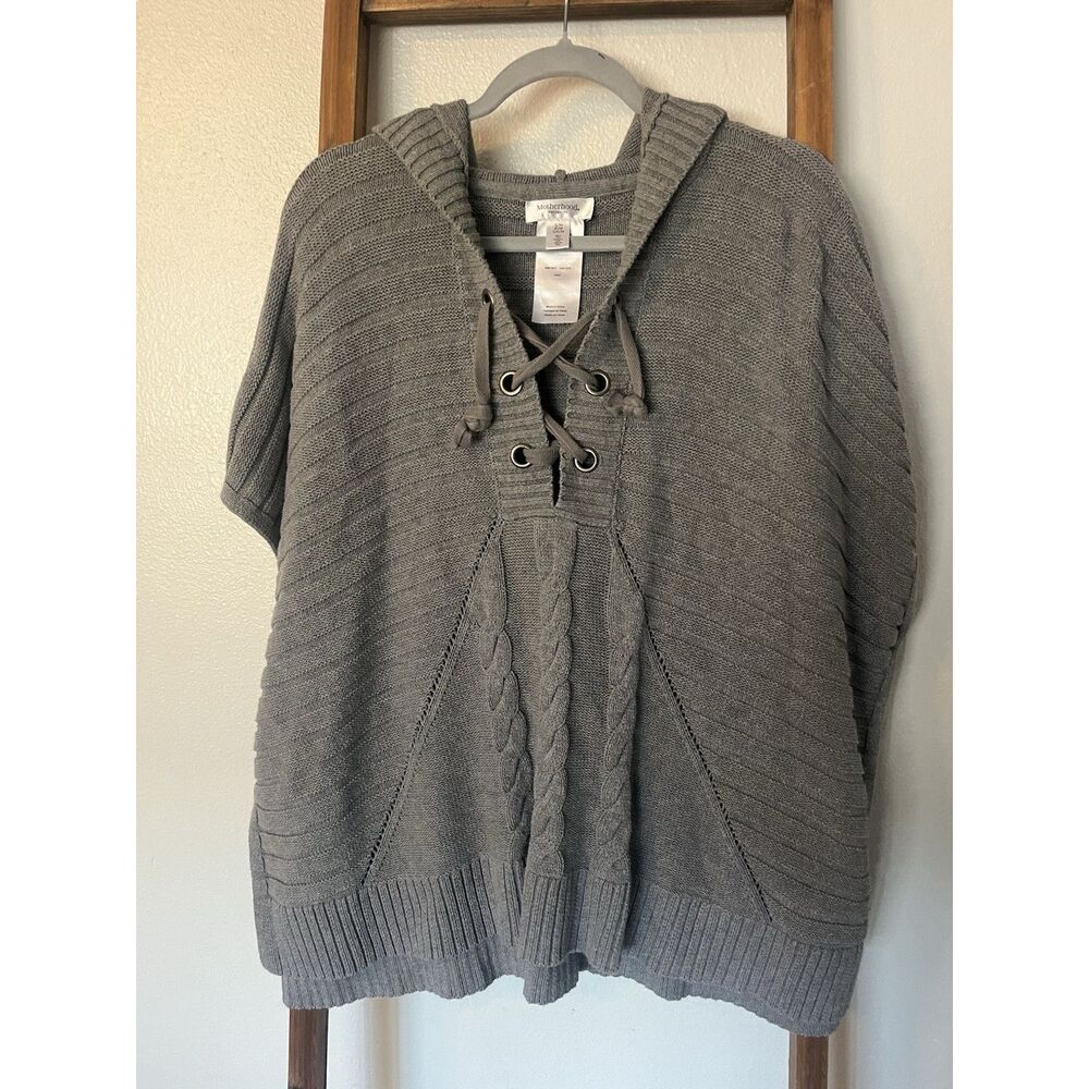 Motherhood Gray Hooded Cable-Knit Lace-Up Poncho Sweater S/M Maternity
